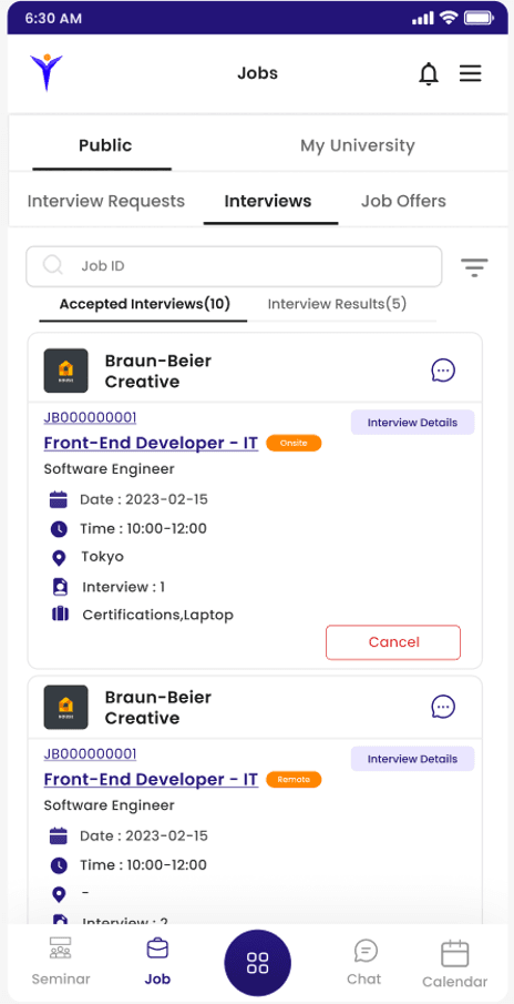 YoungBrain app jobs and interviews screen